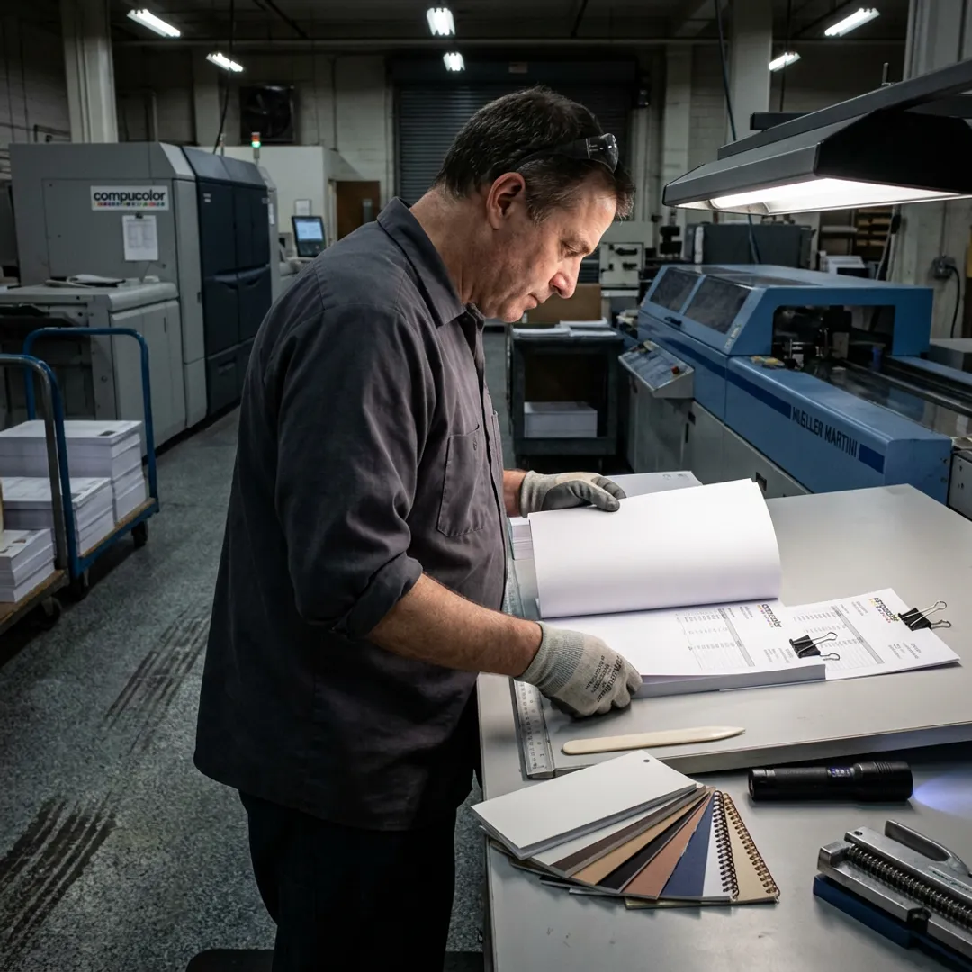 Technician reviewing printed book pages before binding