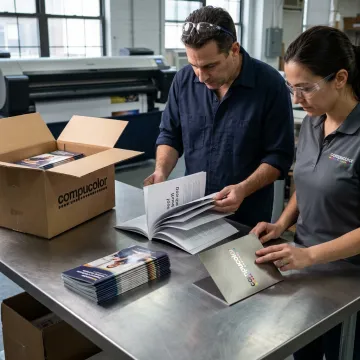 Print production team reviewing finished marketing materials