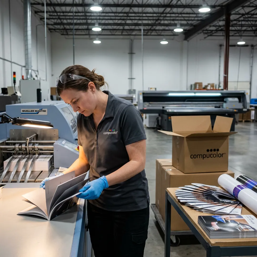 Print operator reviewing custom booklets