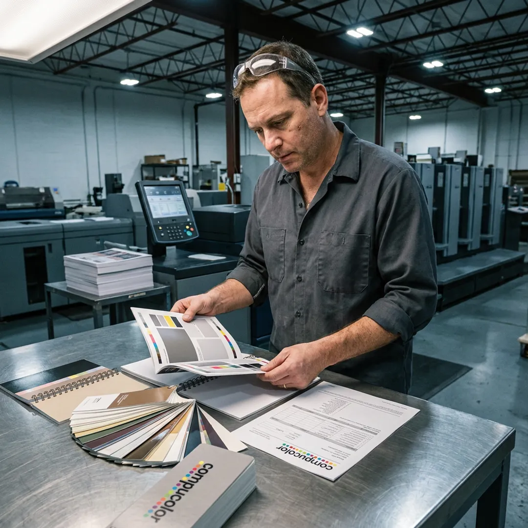 Print technician reviewing booklet proofs