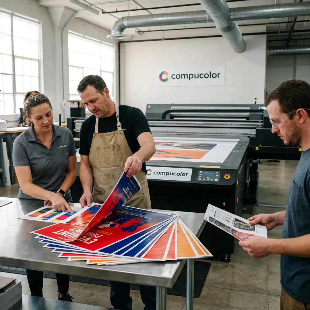 Printed posters being reviewed during production
