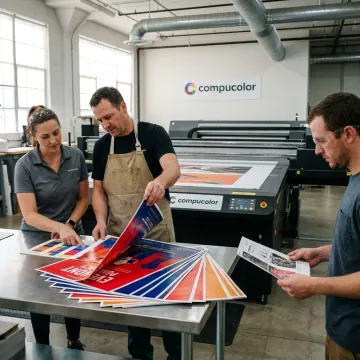 Printed posters being reviewed during production
