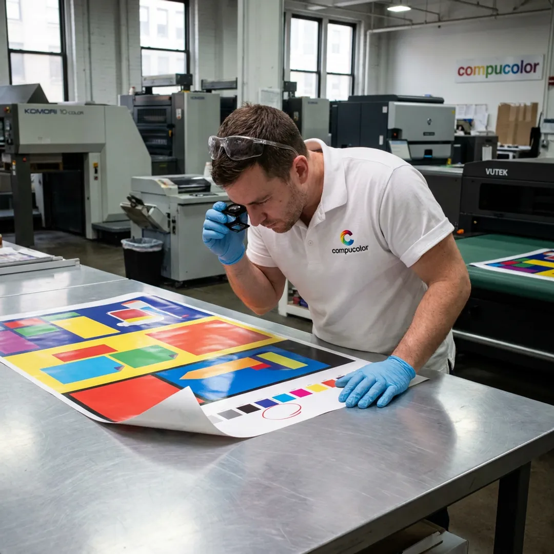 Technician reviewing large format display print