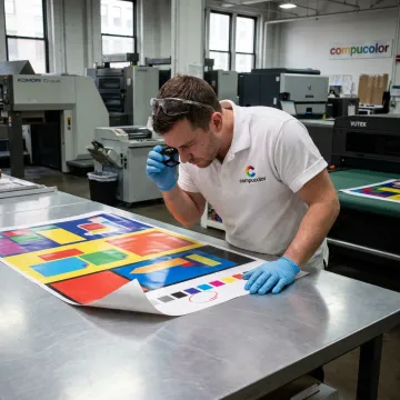 Technician reviewing large format display print