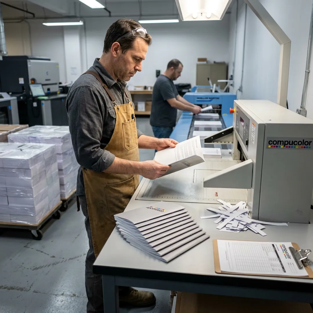 Bindery technician checking finished booklets