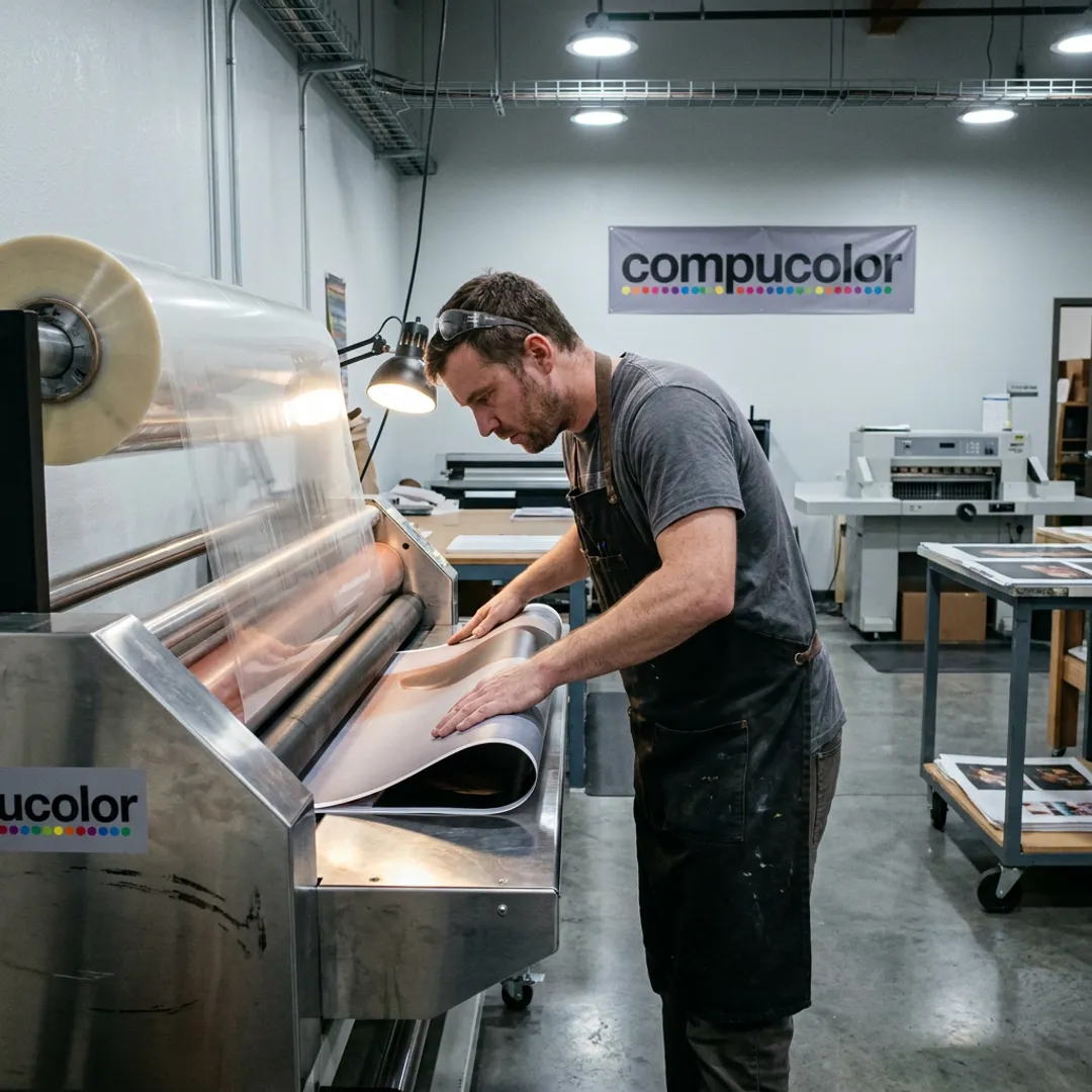 Technician laminating a large printed poster