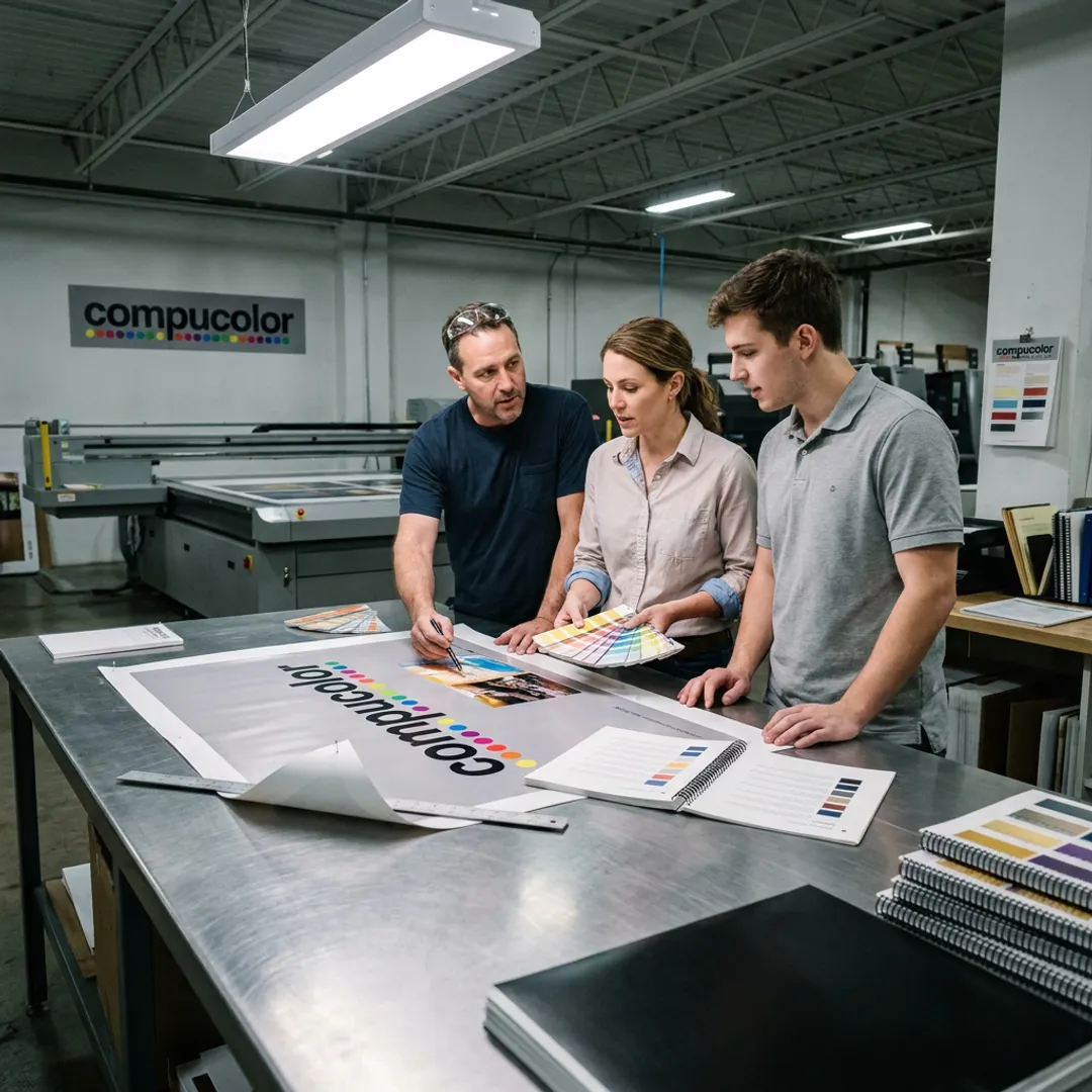 Printing team reviewing custom poster proofs