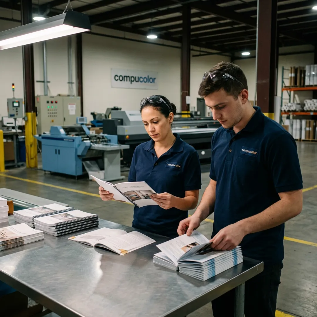 Print production team reviewing finished marketing materials