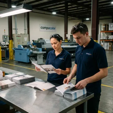 Print production team reviewing finished marketing materials