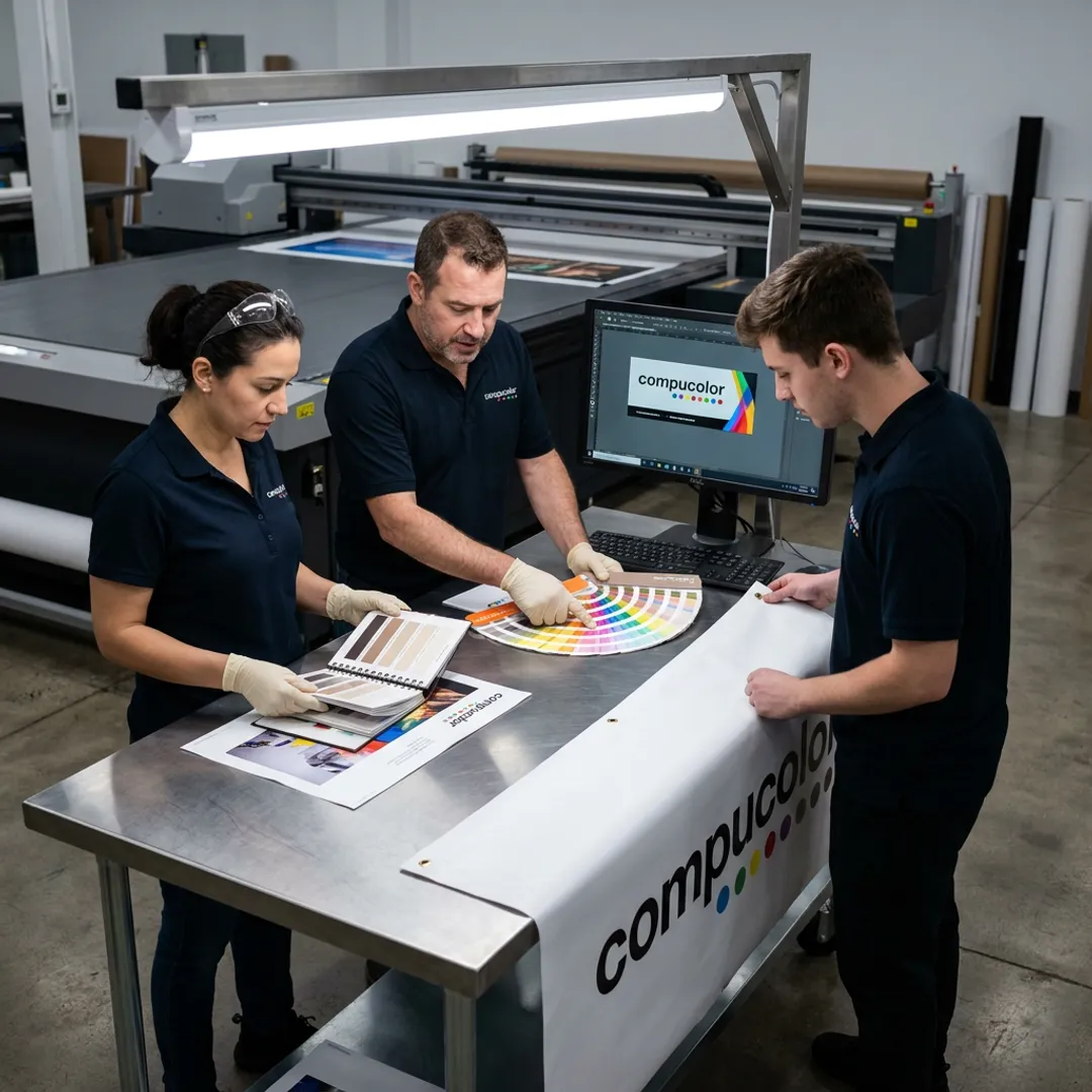 Print production team reviewing banner artwork