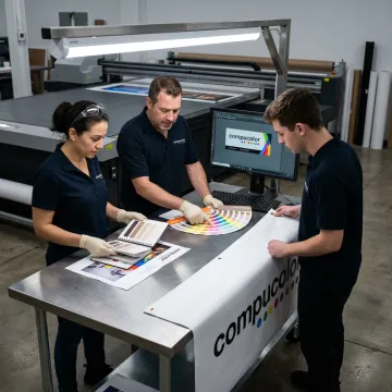Print production team reviewing banner artwork