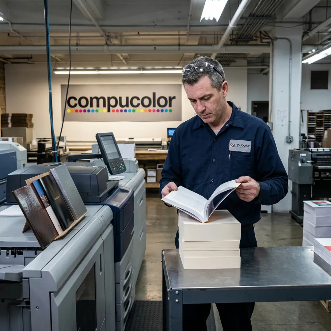 Technician reviewing book proofs near printing equipment