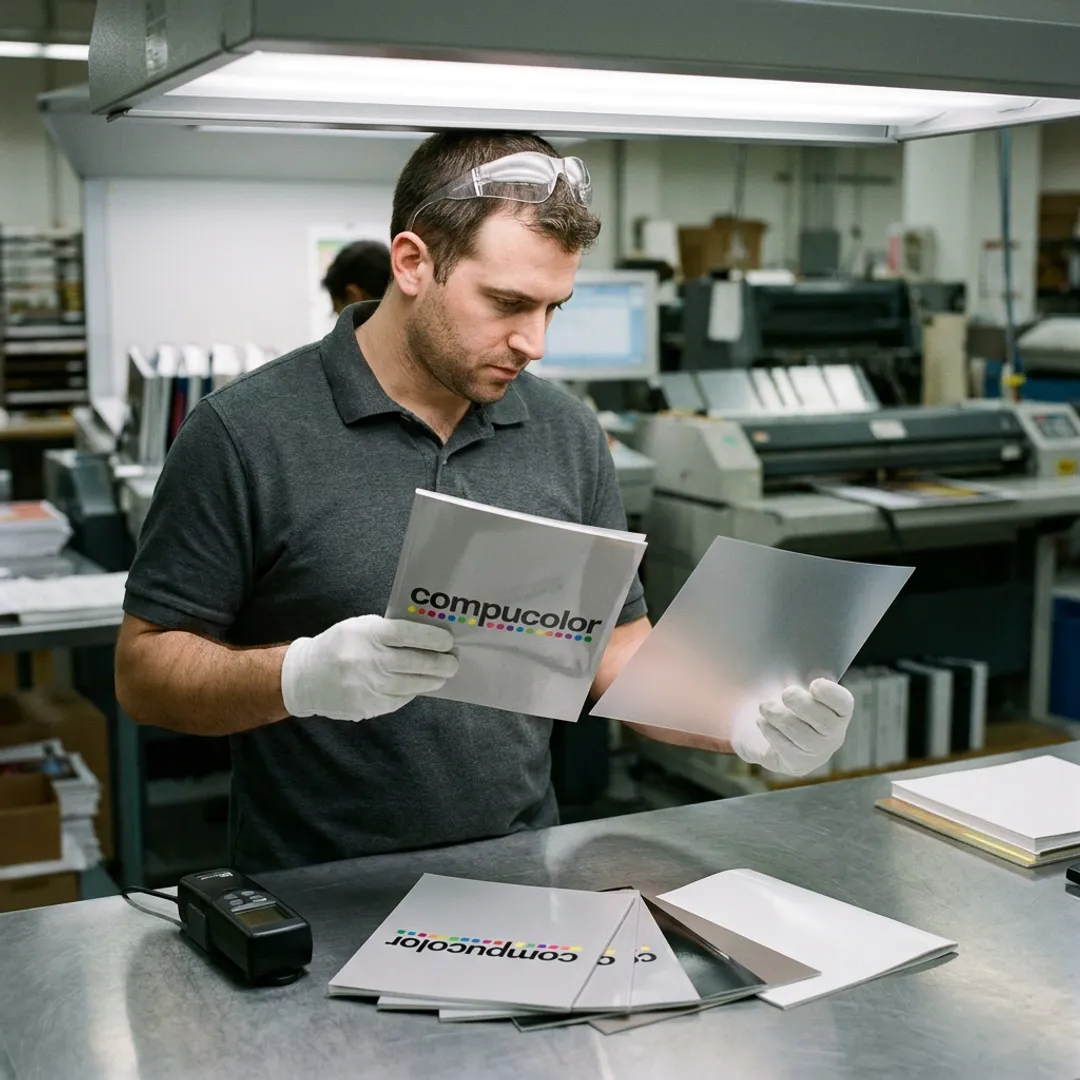 Technician inspecting laminated book covers