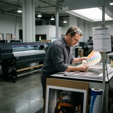 Technician reviewing large format print proofs