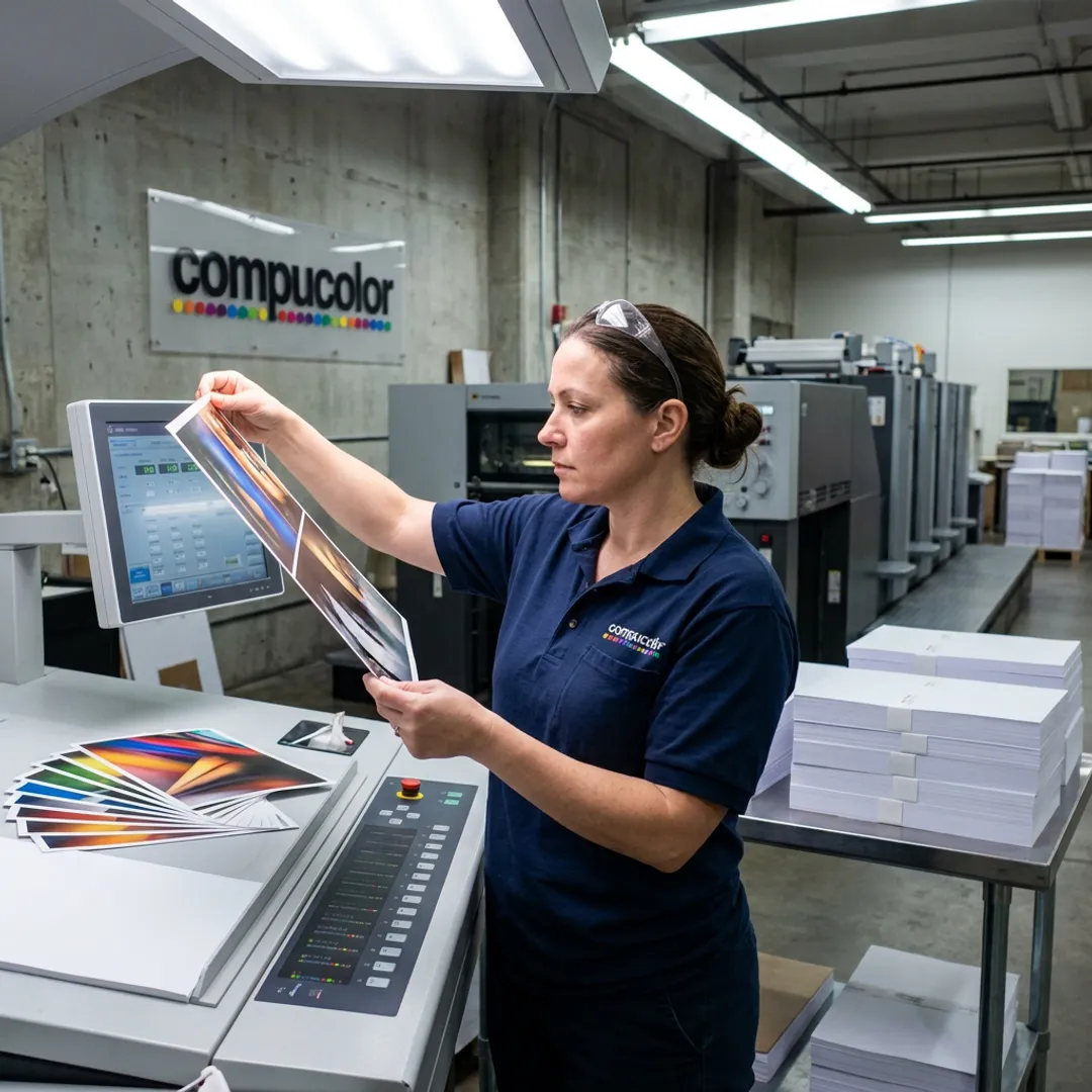 Offset press operator inspecting printed sheets
