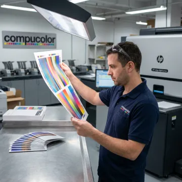 Printing technician reviewing custom poster proofs