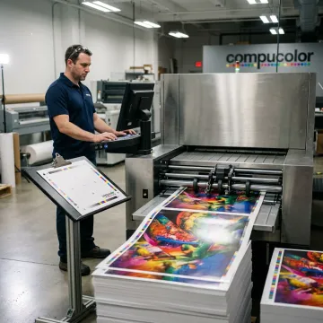 Custom posters coming off a professional printing press