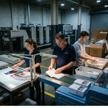 Print production team preparing mailing materials