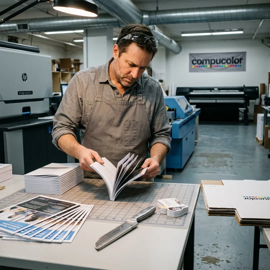 Printed booklets and laminated sheets being finished