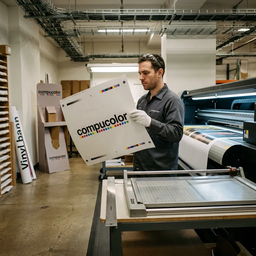 Print specialist reviewing oversized proof sheets