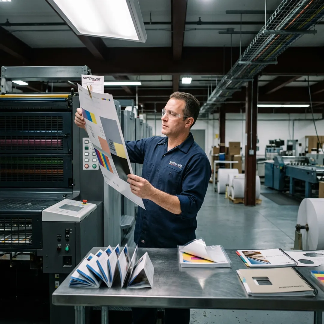 Print specialist reviewing large format color proof