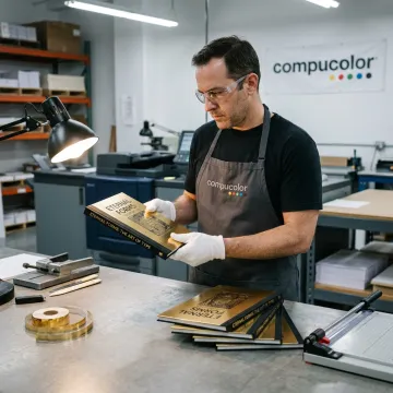 Printer inspecting foil stamped book covers