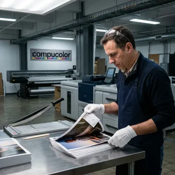 Technician inspecting laminated photo prints