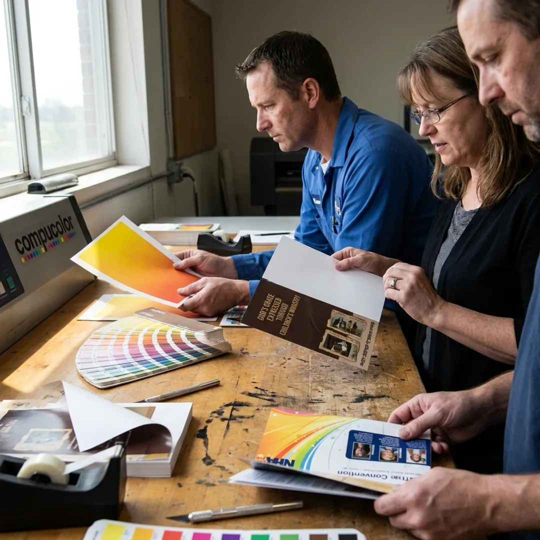 Printed flyers being reviewed at a production table