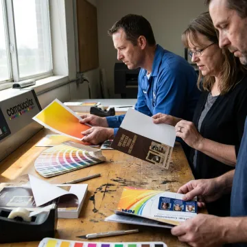 Printed flyers being reviewed at a production table