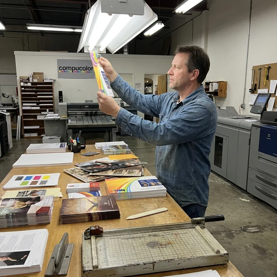 Printed business flyers being reviewed
