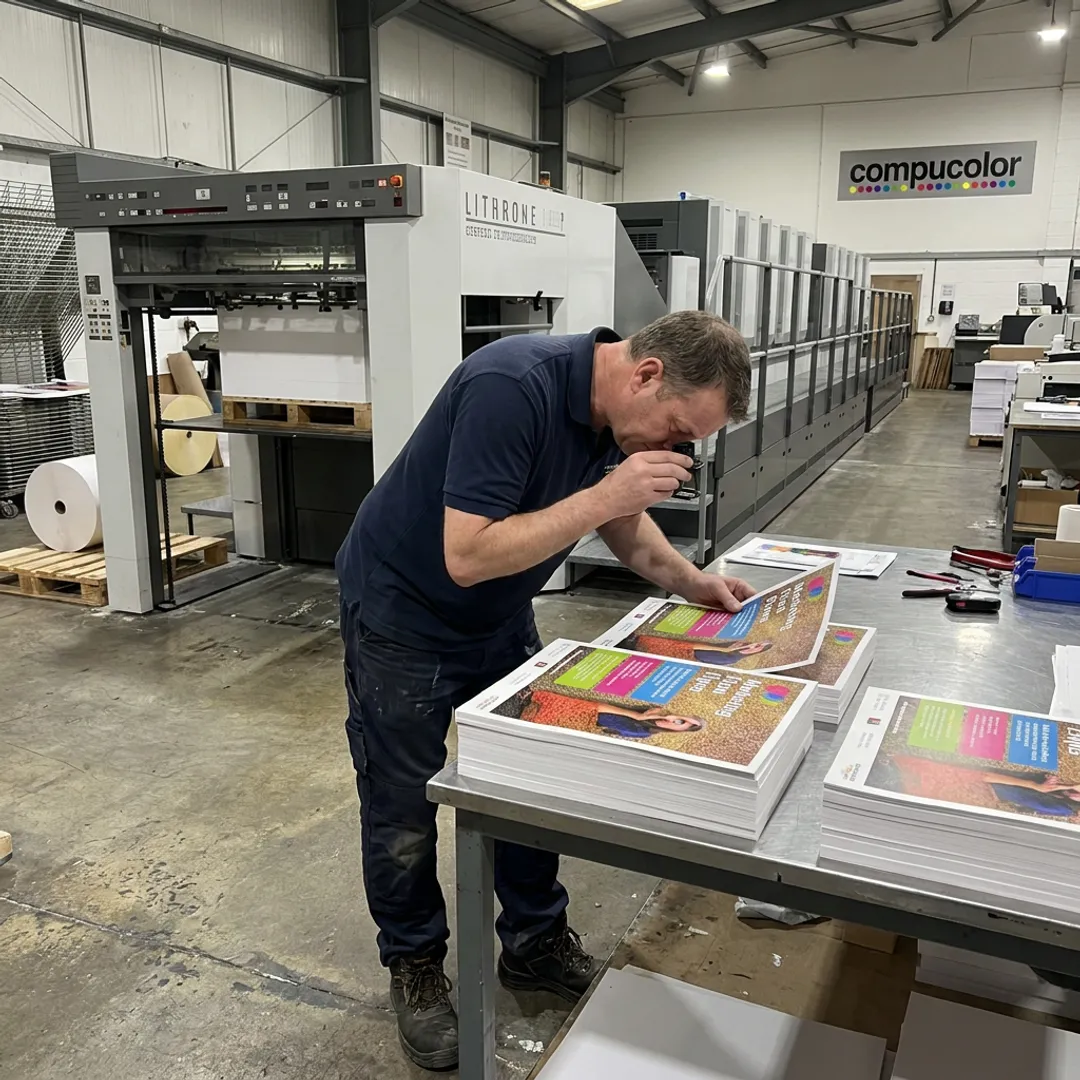 Operator reviewing printed marketing materials
