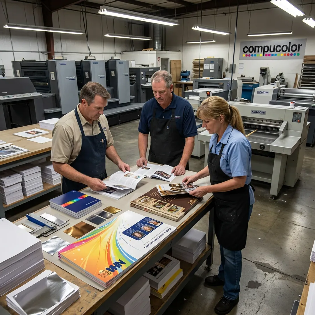 Print production team reviewing finished materials