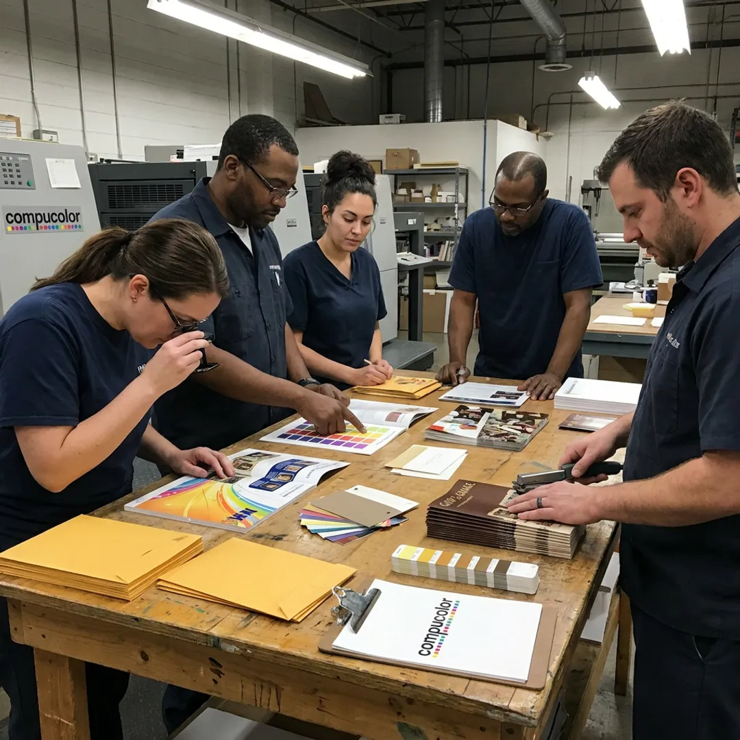 Flyers being reviewed during print production