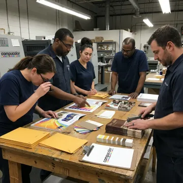 Flyers being reviewed during print production