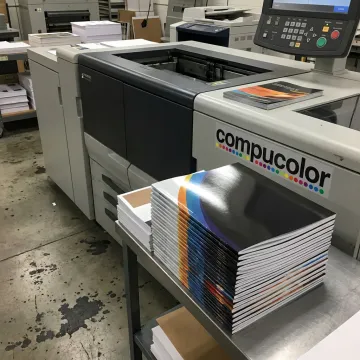 Custom printed booklets on a production table