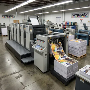Commercial printing equipment producing finished marketing materials