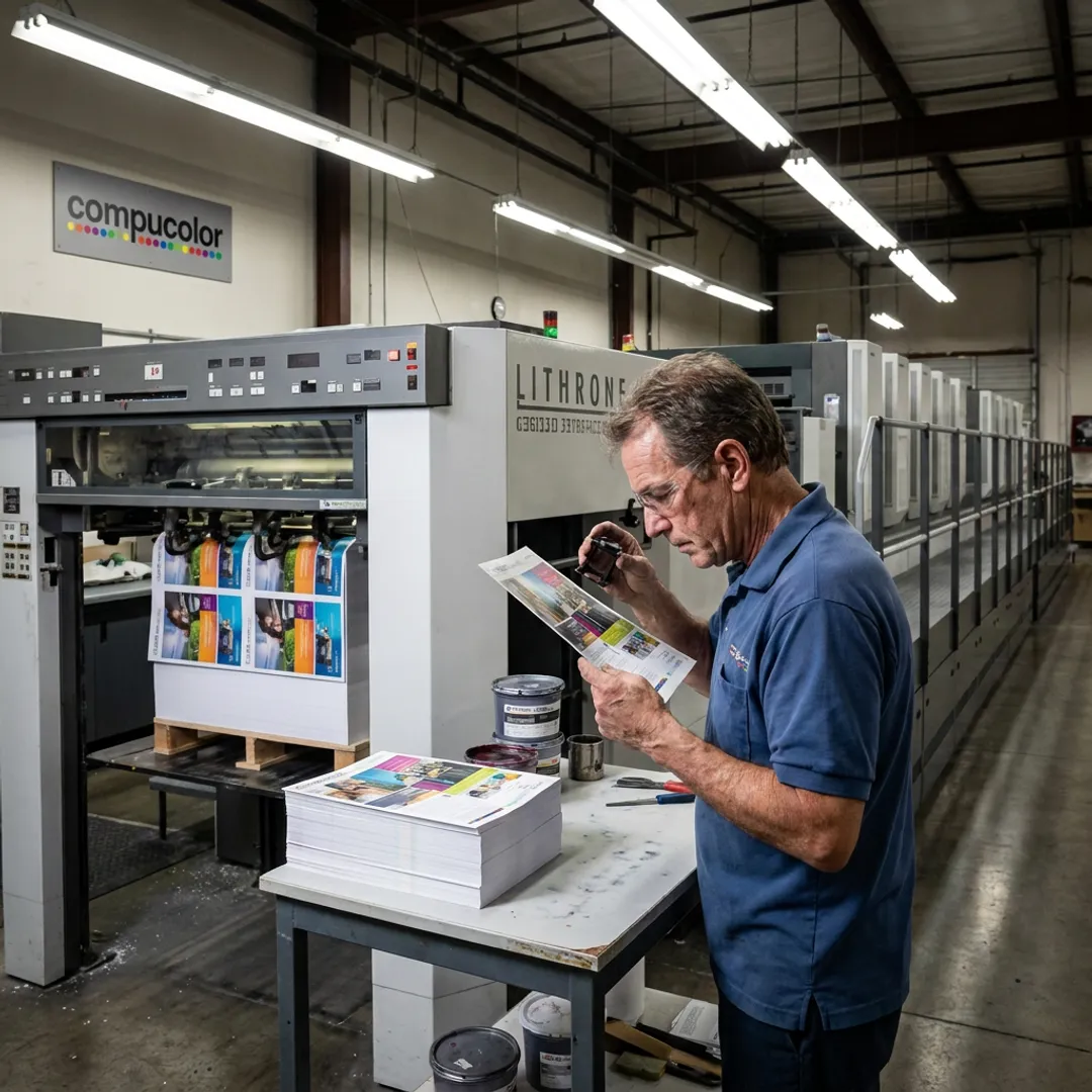 Commercial printing press producing marketing materials