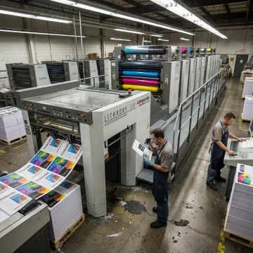 Commercial printing press producing marketing materials