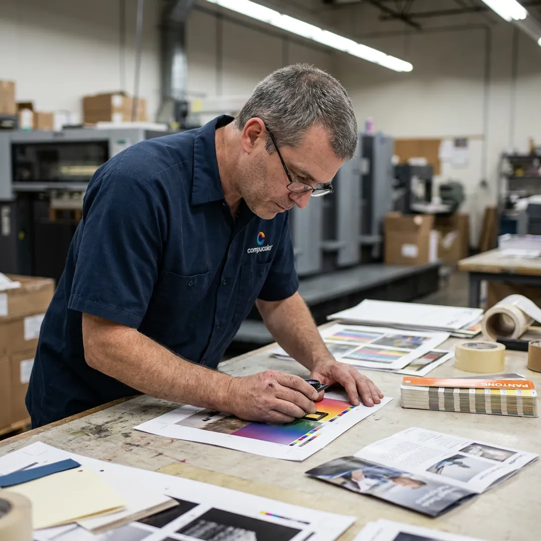Print specialist reviewing proofs and finished samples