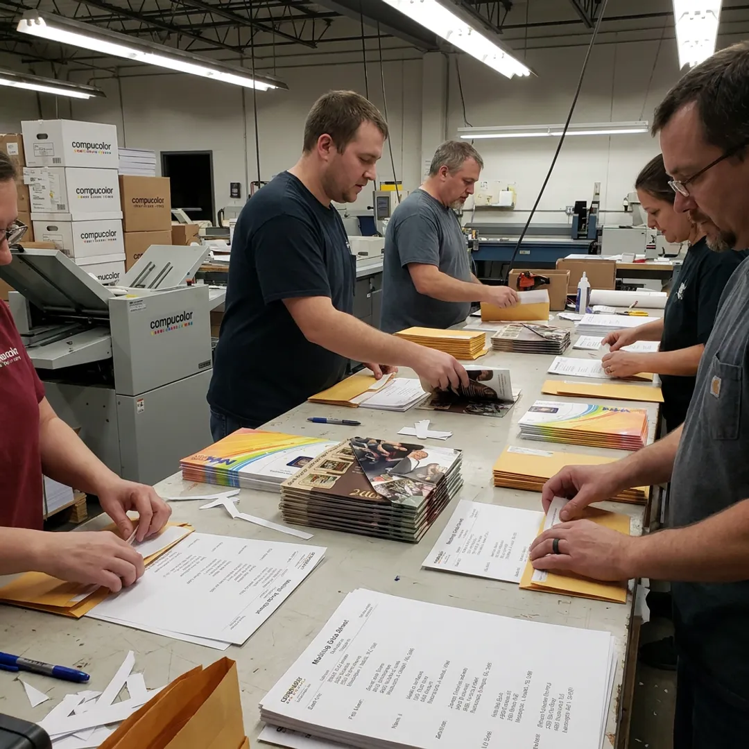 Direct mail pieces being printed and prepared