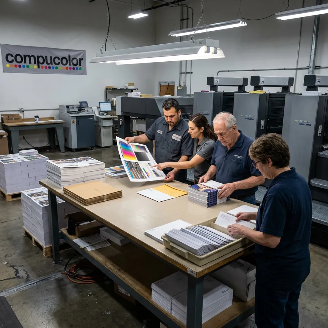 Print production team preparing direct mail materials
