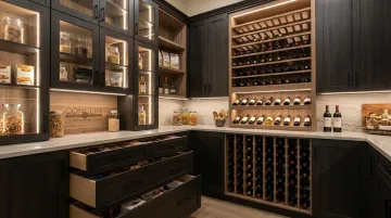 Custom walk-in pantry cabinetry with soft-close drawers wine rack and integrated lighting
