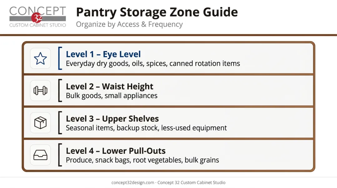 Walk-in pantry zone hierarchy diagram from eye level to lower pull-outs