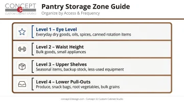 Walk-in pantry zone hierarchy diagram from eye level to lower pull-outs