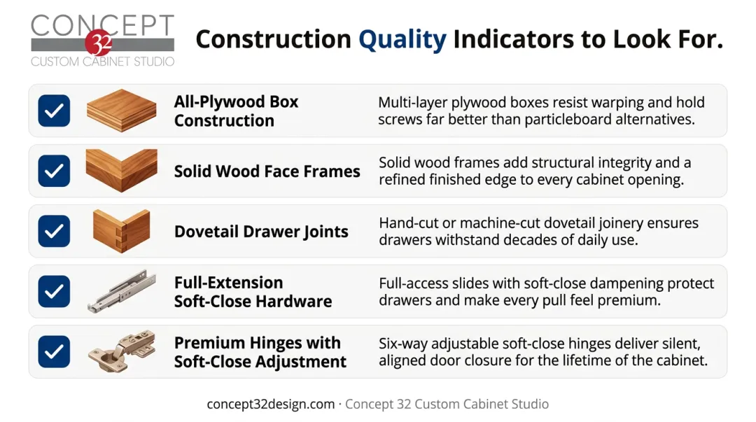Five high-end custom cabinet construction quality standards checklist infographic