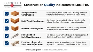 Five high-end custom cabinet construction quality standards checklist infographic
