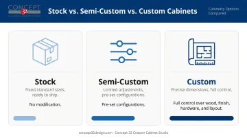 Stock versus semi-custom versus custom cabinet types comparison infographic
