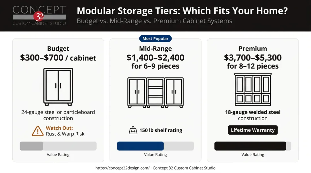 Three-tier modular garage storage quality comparison budget mid-range premium breakdown