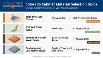 Kitchen cabinet material selection framework by zone finish and budget priority