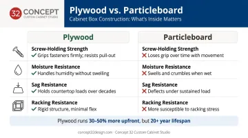 Four key plywood cabinet box construction advantages over particleboard comparison infographic